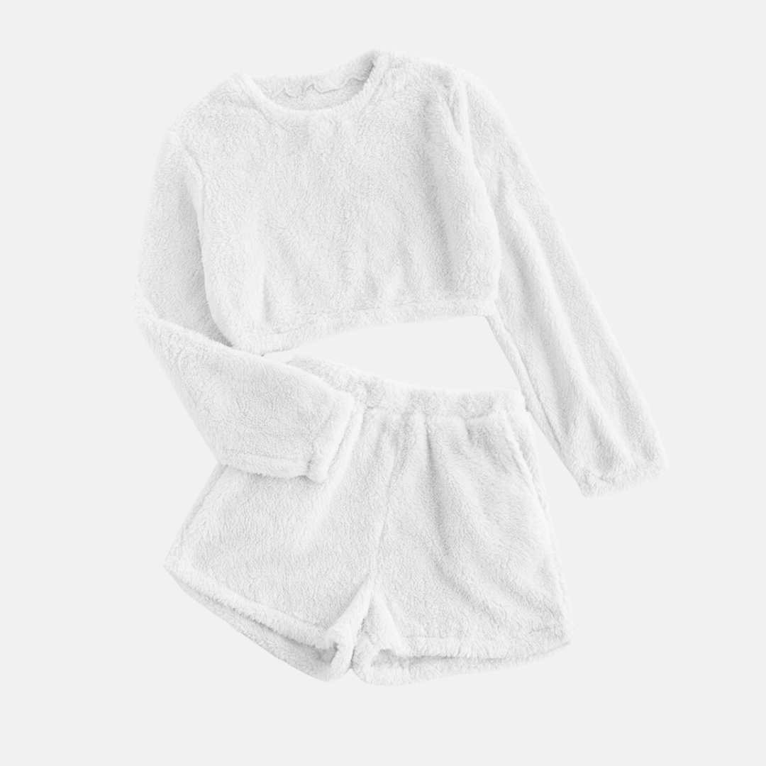 Women's textured plush two-piece loungewear set with cropped top and high-waisted shorts