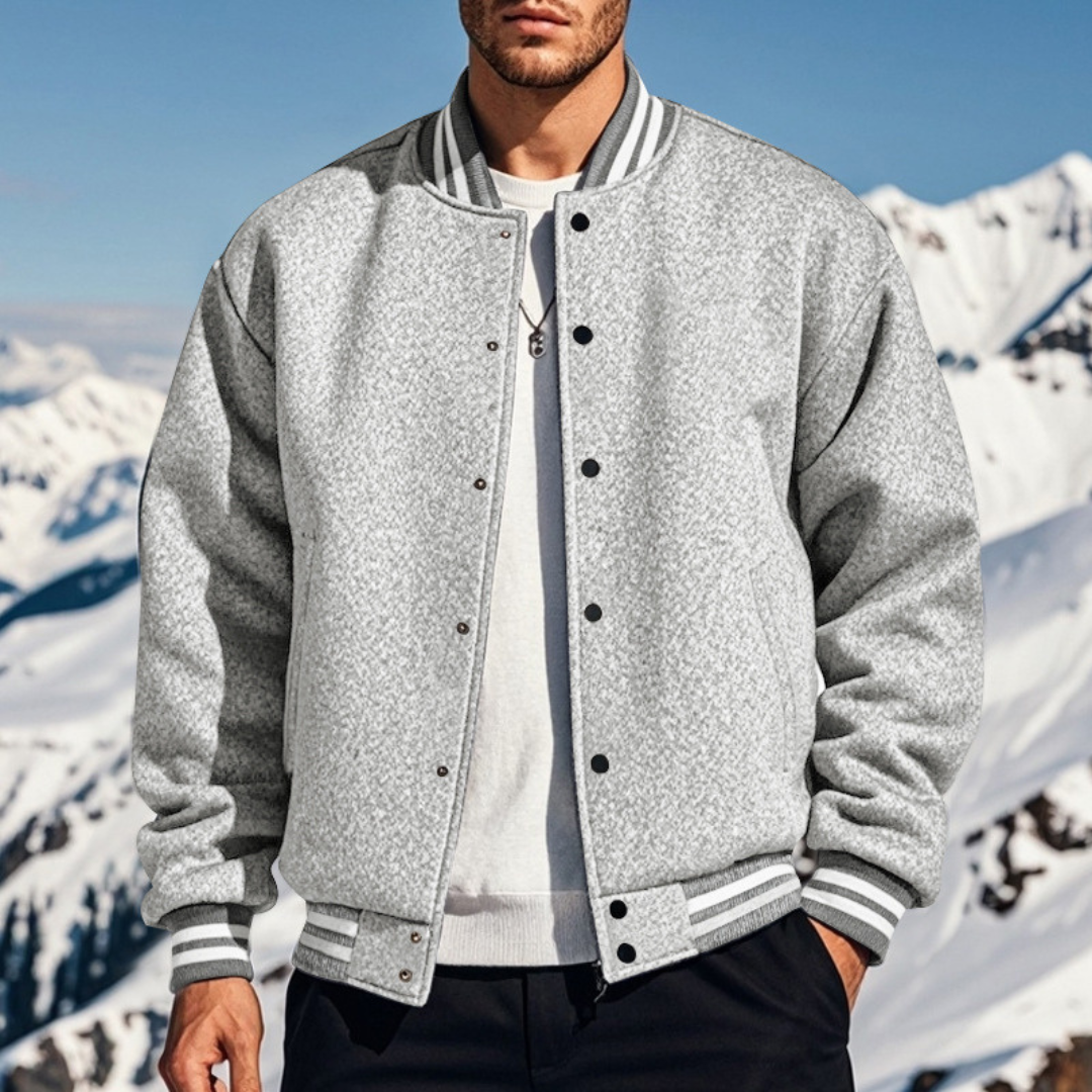 Men's smooth polyester bomber jacket with stand collar, snap button closure, relaxed fit