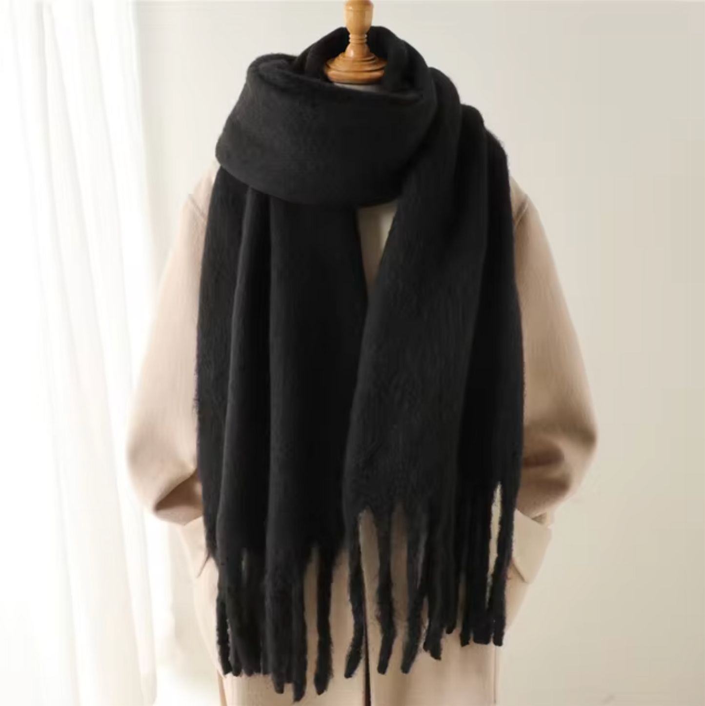 Women's solid cashmere-like winter pashmina scarf with long fringe trim, soft warm wrap