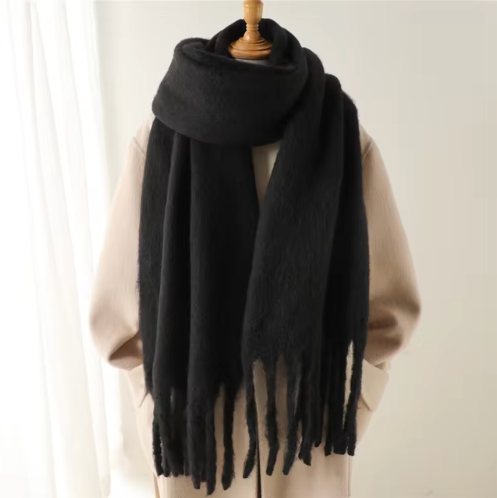 Women's solid cashmere-like winter pashmina scarf with long fringe trim, soft warm wrap