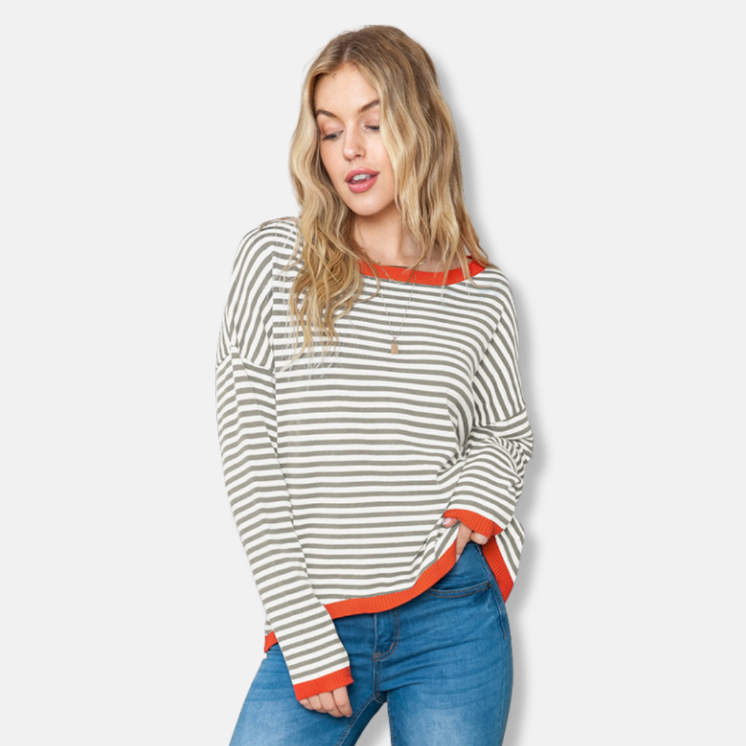 Women's relaxed fit boat neck striped cotton sweater with drop shoulder in soft daily knit