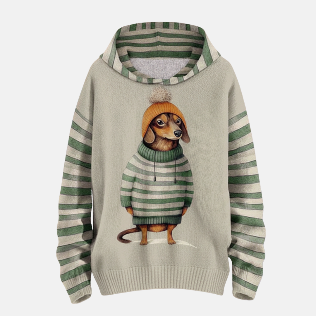 Women's loose fit fleece hoodie gray striped sleeves playful dog motif cozy casual streetwear