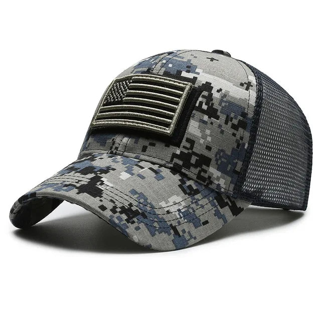 Tactical digital camo patch cap with moisture-wicking sweatband and glare-reducing brim for outdoor use