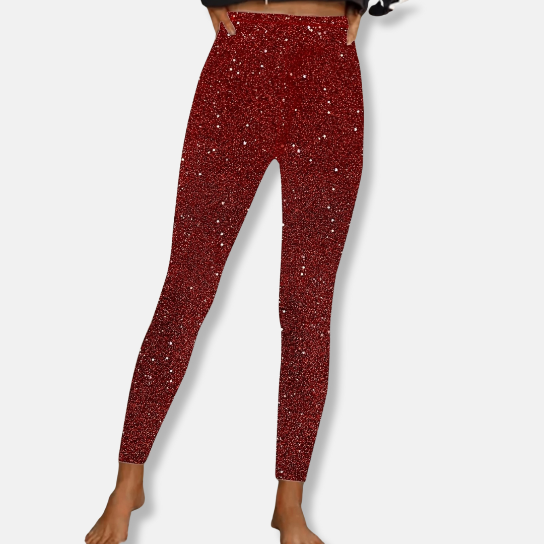 Women's black high-waisted glitter leggings skinny fit ankle-length with sparkling festive detail
