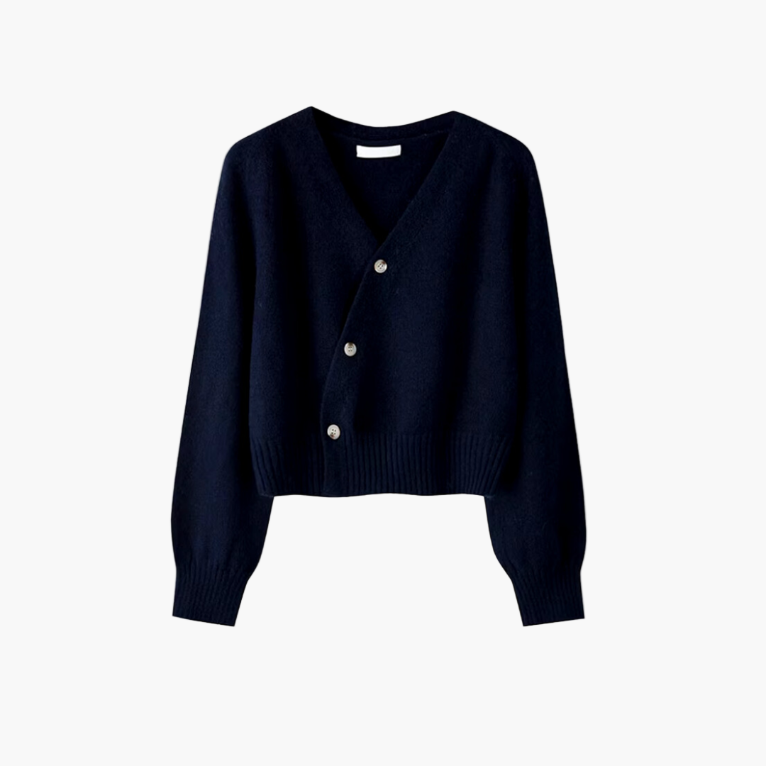 Women's chic V-neck cardigan with diagonal button placket for office casual everyday wear