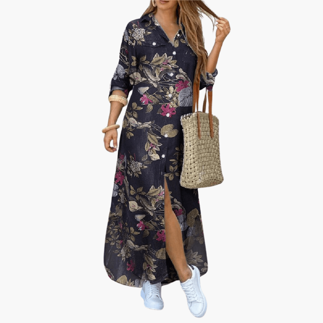 Women's floral maxi dress with button front placket, breezy long silhouette for garden parties