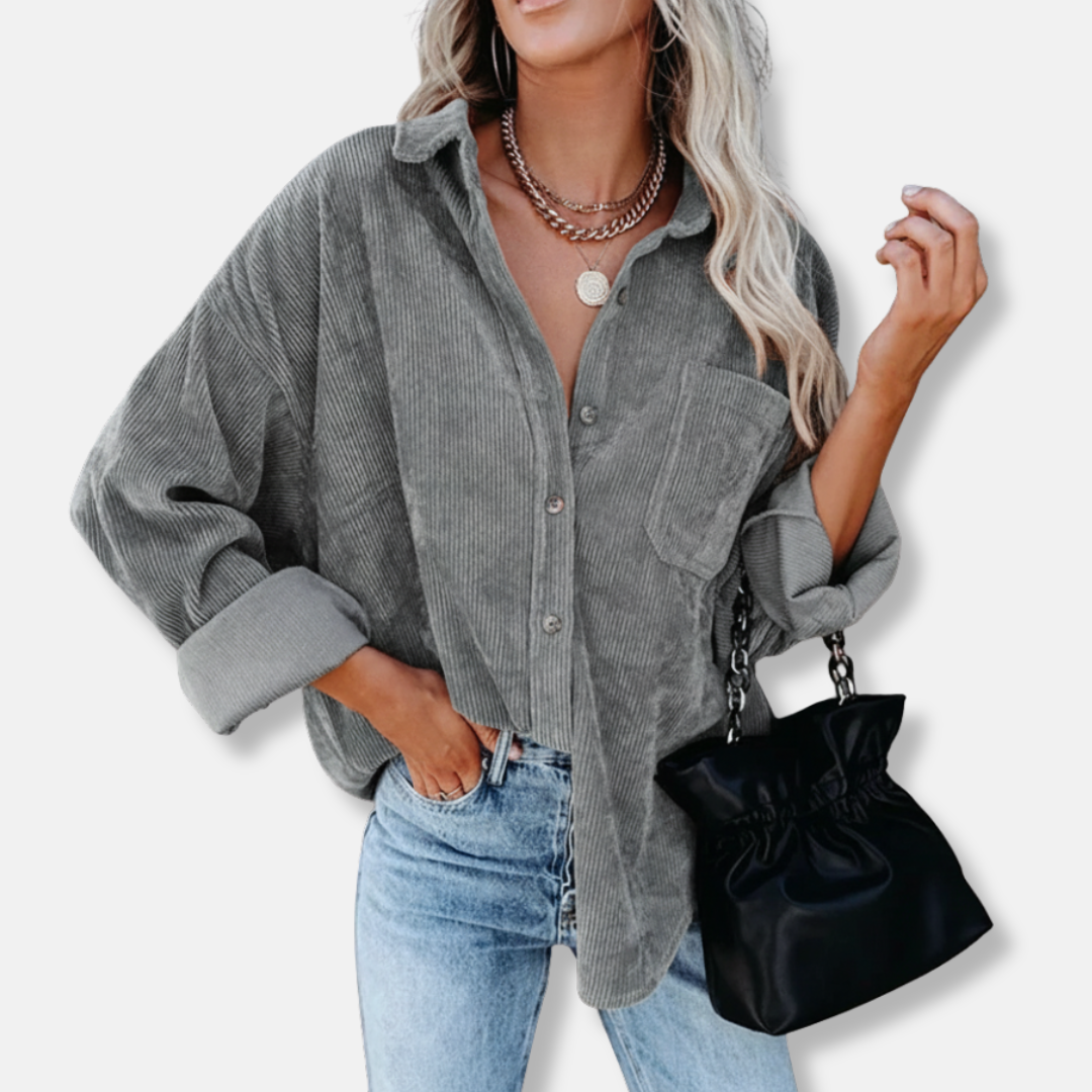 Women's oversized corduroy shirt lapel collar long sleeve relaxed fit single patch pocket