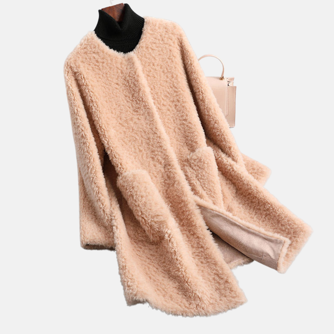 Women's faux fur open front coat mid-thigh length luxurious relaxed fit winter outerwear