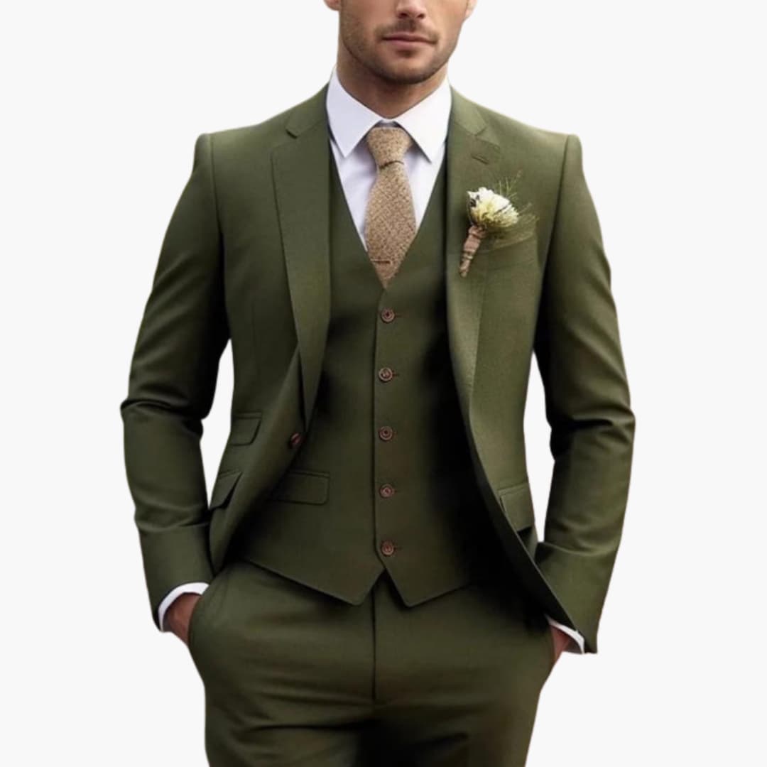 Men's charcoal three-piece formal suit set with two-button jacket, vest, and tailored pants