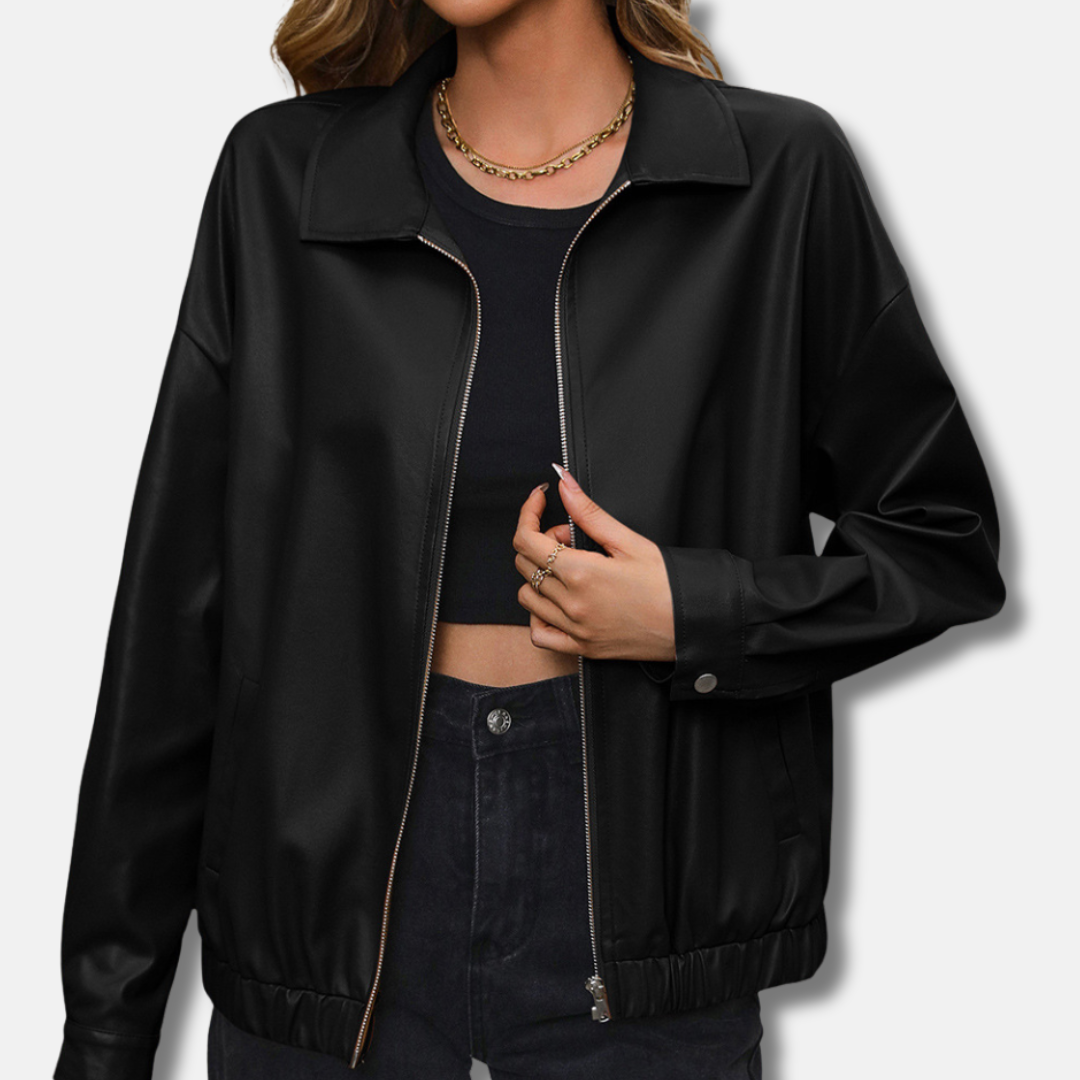 Women's cropped PU leather biker jacket relaxed fit glossy finish with zipper and snap buttons