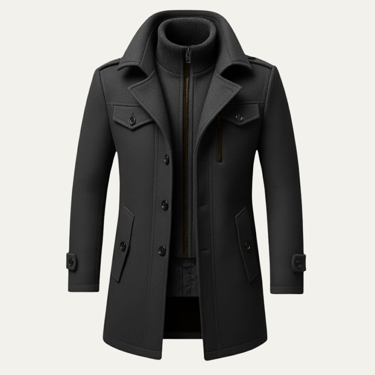Men's dark wool blend Westminster overcoat slim tailored British fit with insulating lining