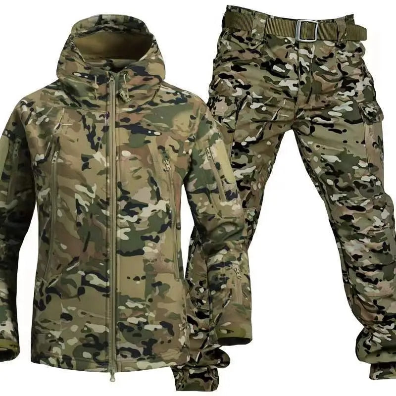 Men's windproof softshell hiking suit in neutral tones, two-piece jacket and cargo pants with utility pockets