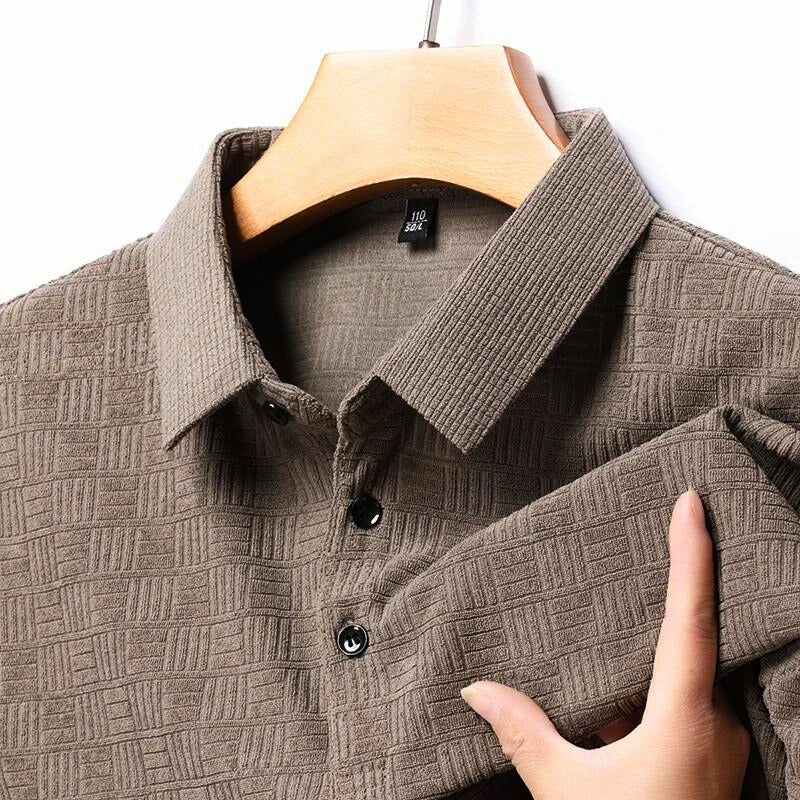 Men's navy blue weave polo shirt slim fit premium cotton blend refined pattern business casual
