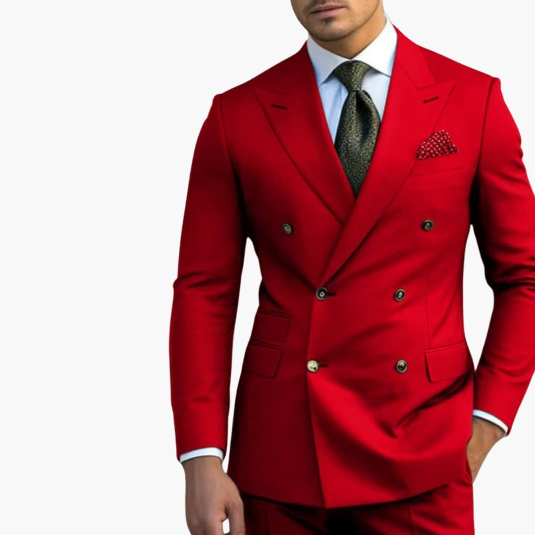 Men's navy double-breasted suit notched lapel six-button jacket tailored trousers professional style