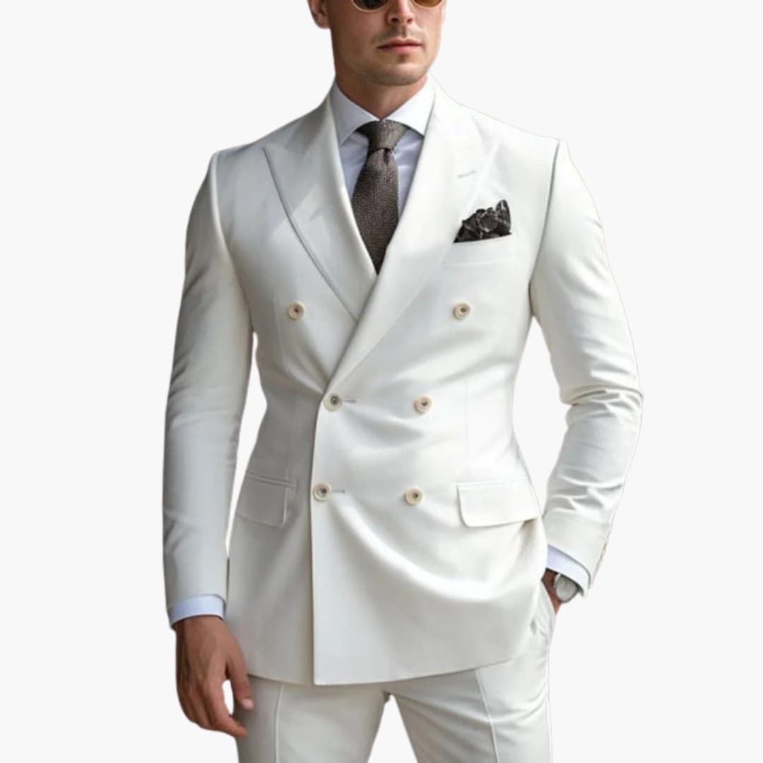 Men's navy double-breasted slim fit suit, peak lapel, six-button formal two-piece wedding style