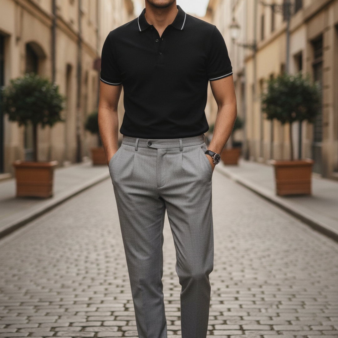 Men's short sleeve polo shirt in white, black, and gray breathable fabric regular fit smart casual