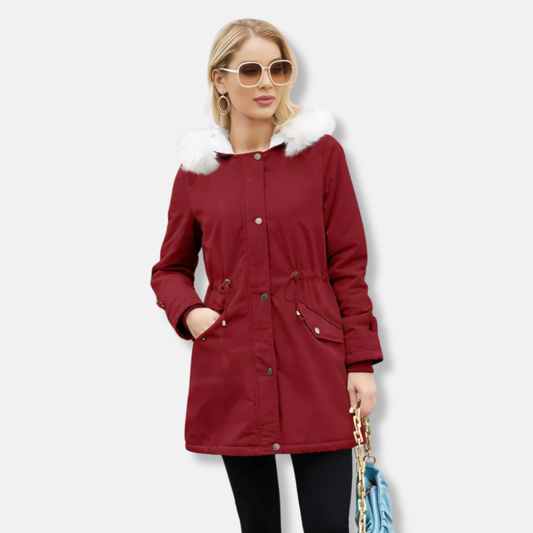 Women's winter parka jacket relaxed mid-thigh fit with detachable faux fur trim, smooth woven shell