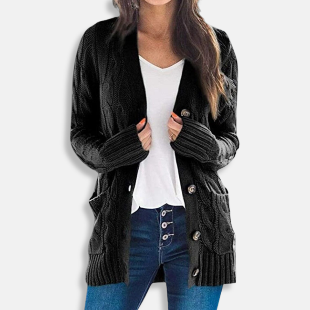 Women's chunky cable knit cardigan sweater in cozy relaxed fit with button front closure