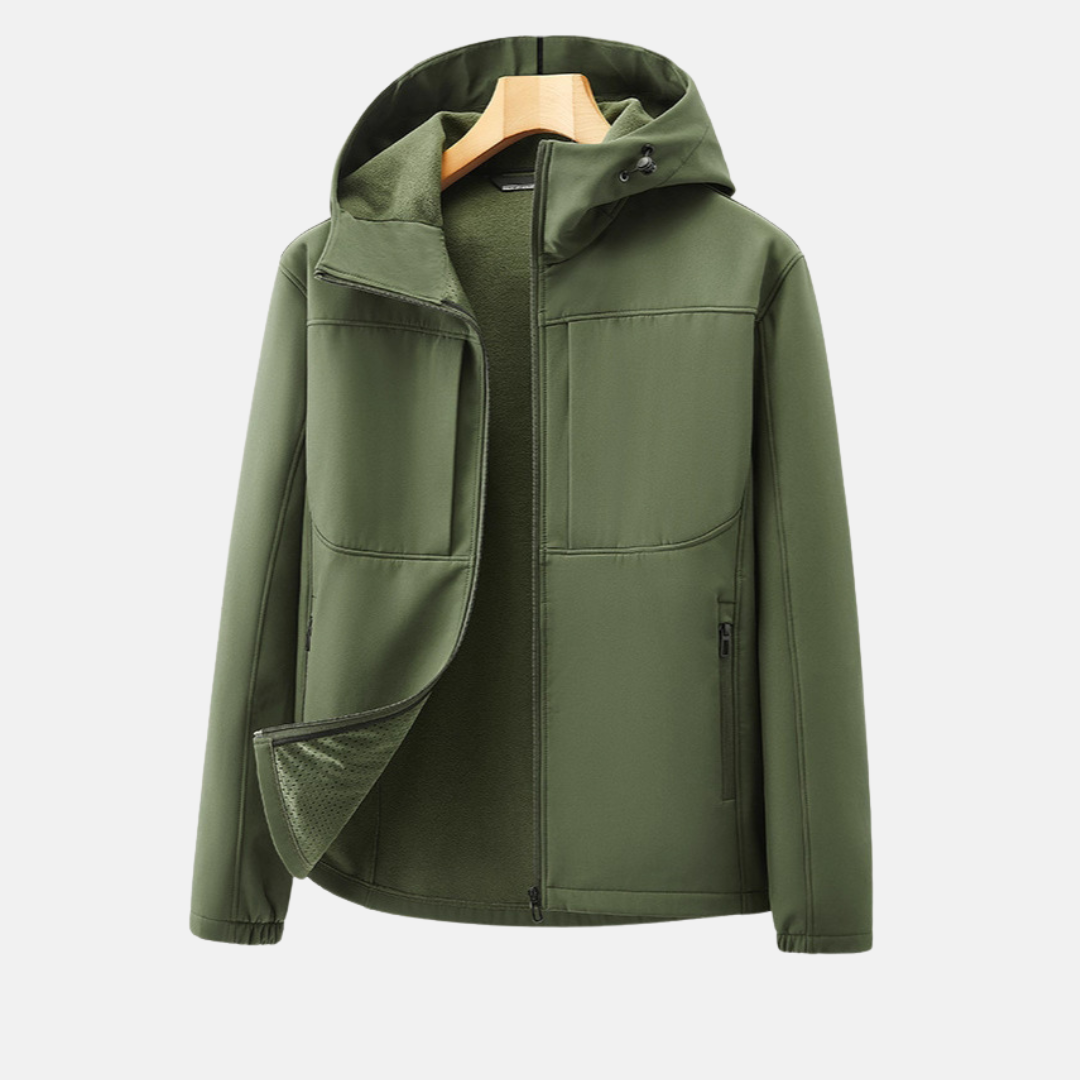 Men's dark softshell jacket fleece-lined regular fit adjustable hood zip pockets outdoor layer