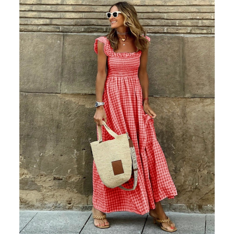 Lightweight cotton plaid maxi dress with smocked bodice, breathable chic silhouette for casual wear