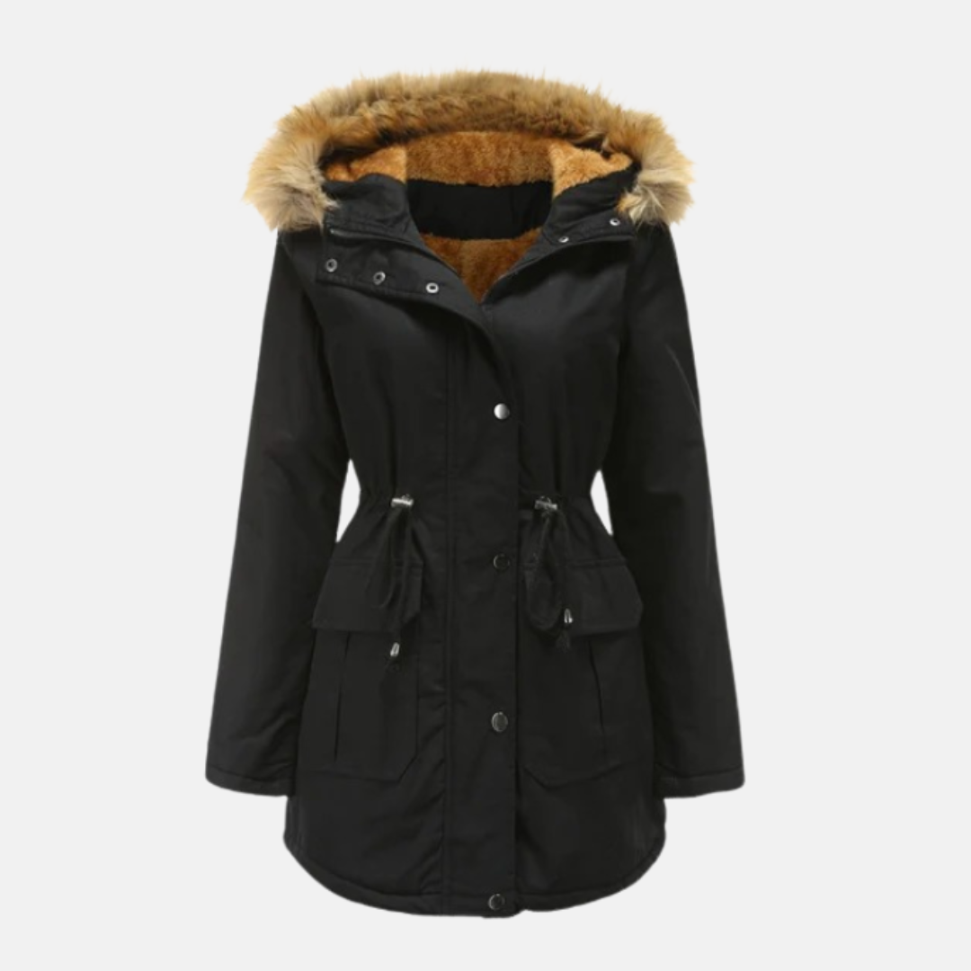 Women's mid-thigh parka jacket fleece-lined PU leather with detachable faux fur hood