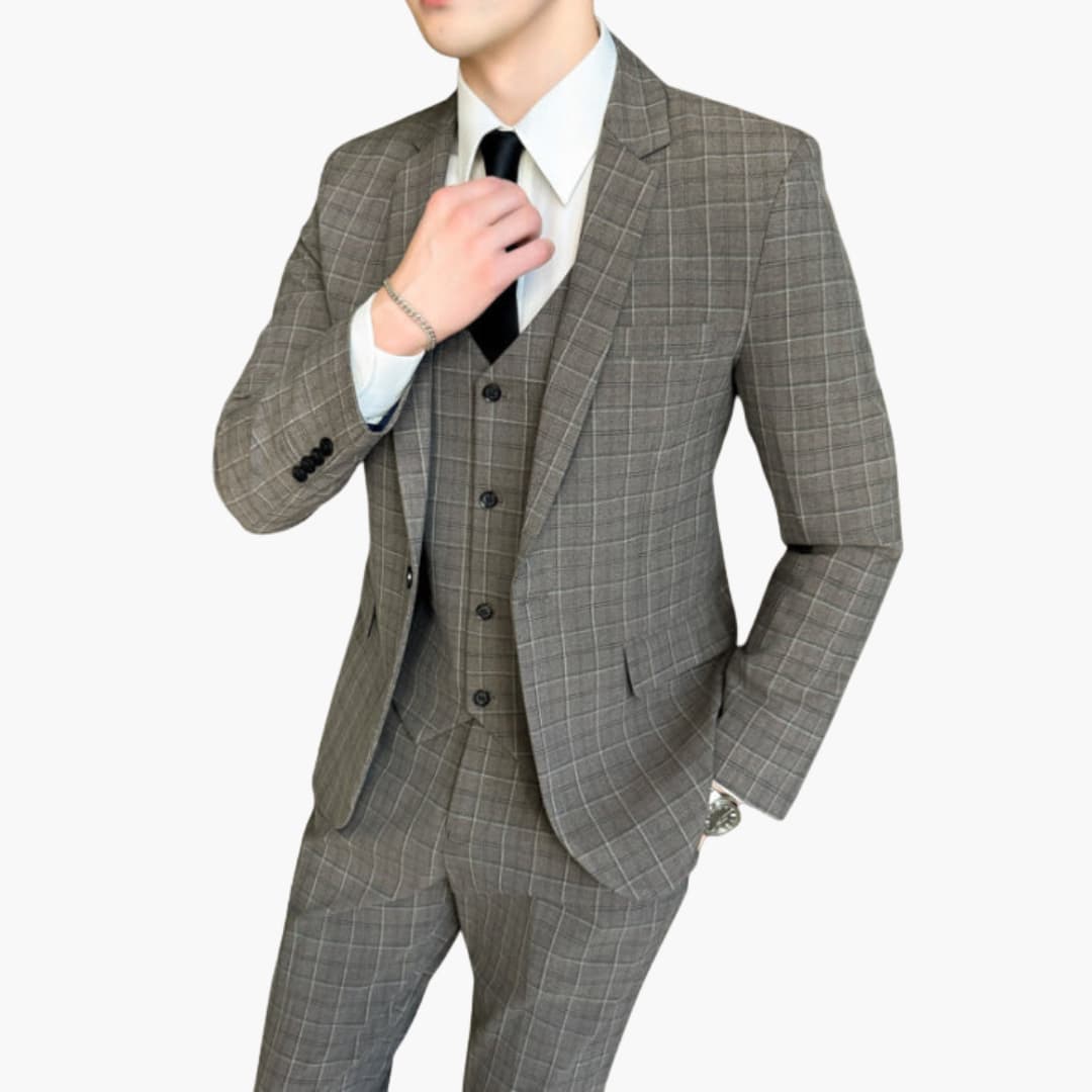Men's lightweight checked three-piece suit jacket vest trousers tailored formal slim fit