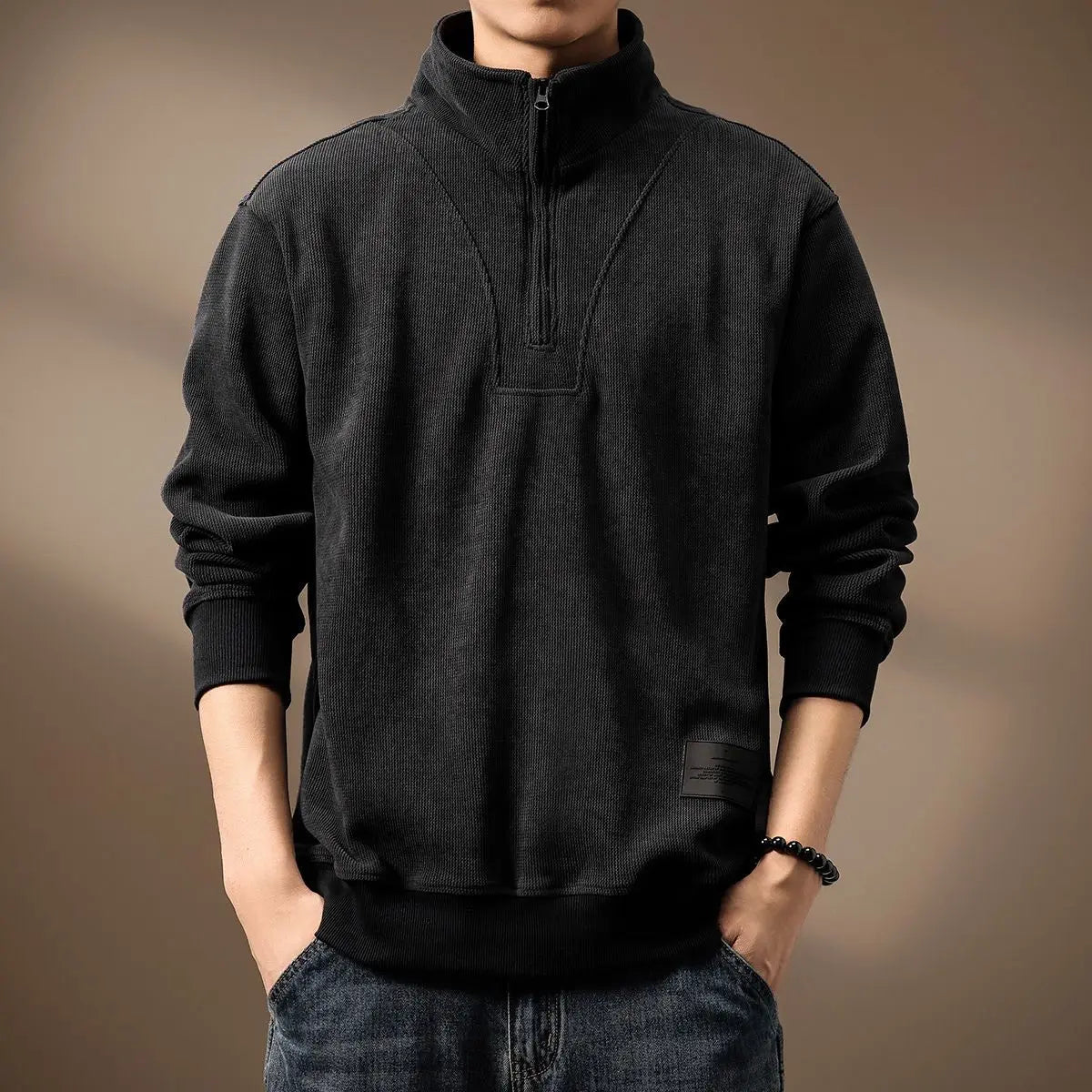 Men's heavyweight ribbed knit quarter-zip sweater structured silhouette versatile layering pullover