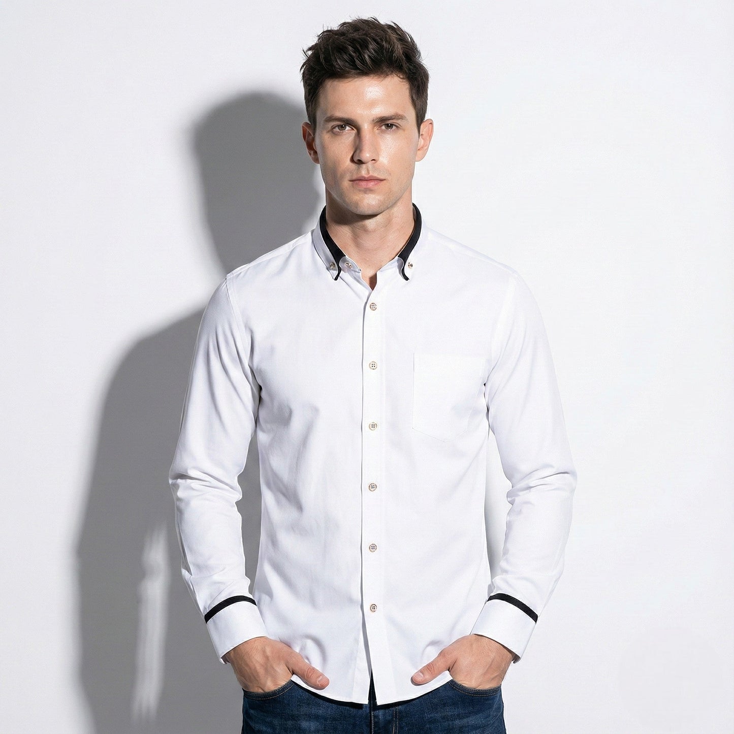 Men's white wrinkle-free stretch dress shirt with stand-up collar slim professional fit