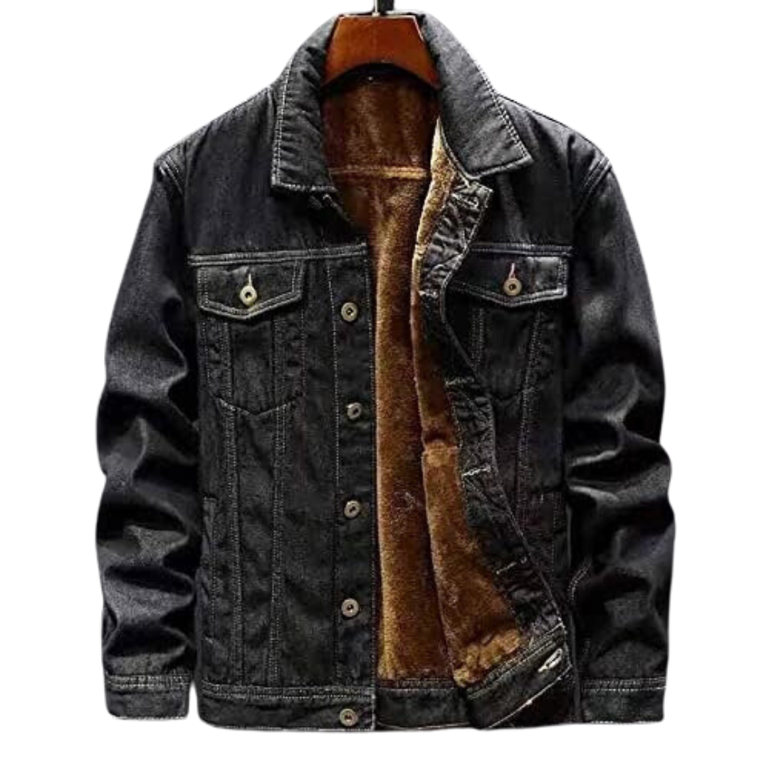 Men's navy blue winter denim jacket with warm soft lining, casual fit everyday outdoor style