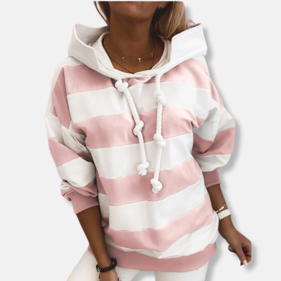 Women's striped loose fit hoodie sweatshirt with adjustable drawstring hood for relaxed casual comfort