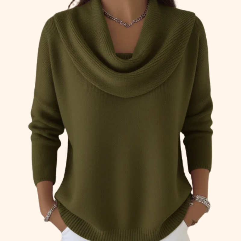 Women's draped cowl neck knit sweater relaxed fit cozy neutral-tone cascading neckline