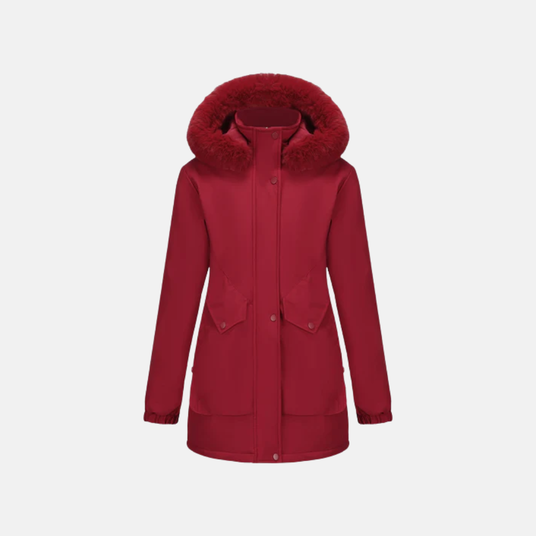 Women's mid-length parka jacket with faux fur hood, adjustable waist, and snap closure for cold weather