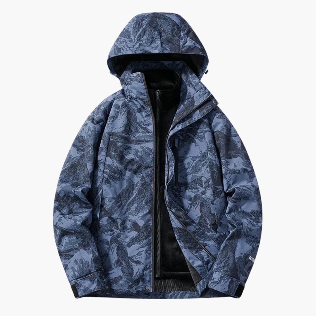 Unisex two-tone ski jacket with hood, full-length zipper pockets, all-weather outdoor performance fit