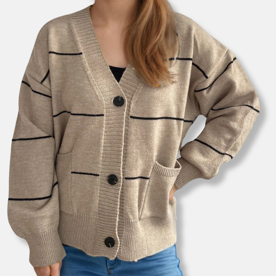Elegant women's loose fit V-neck cardigan medium-weight knit hip-length long sleeve button closure