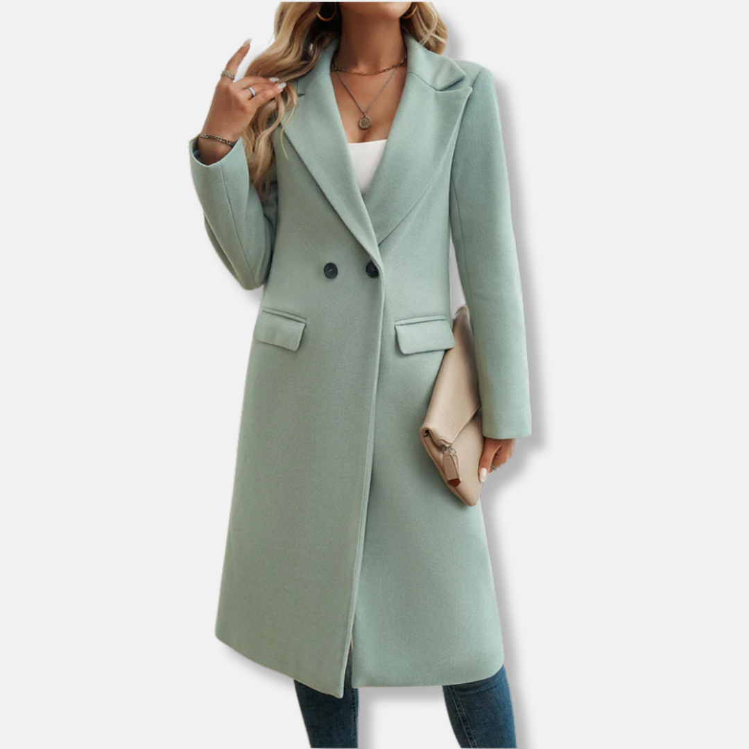 Women's wool blend long coat double-breasted notched lapel relaxed fit professional camel beige