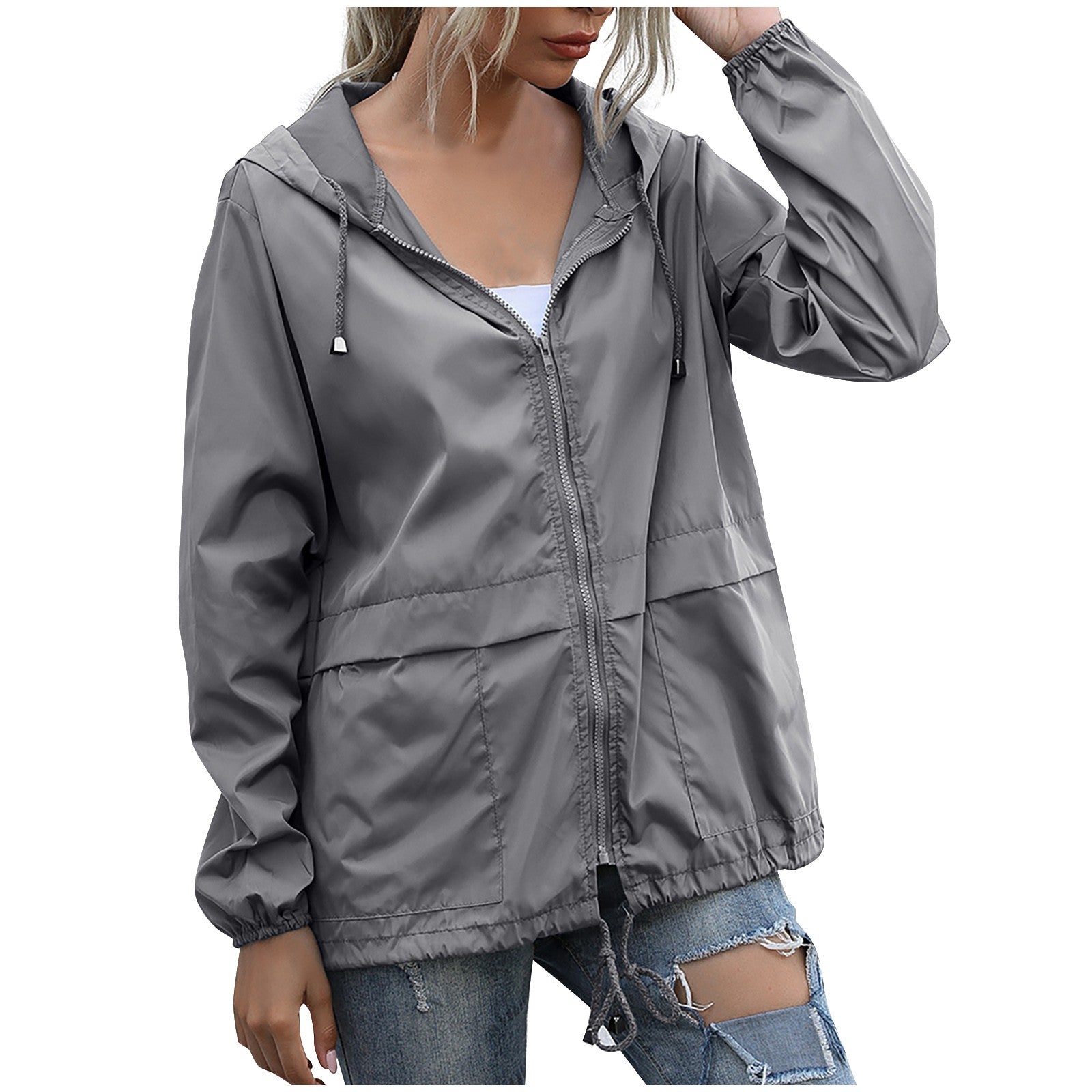 Women's casual hooded zip-up windbreaker jacket with adjustable drawstring waist in relaxed silhouette