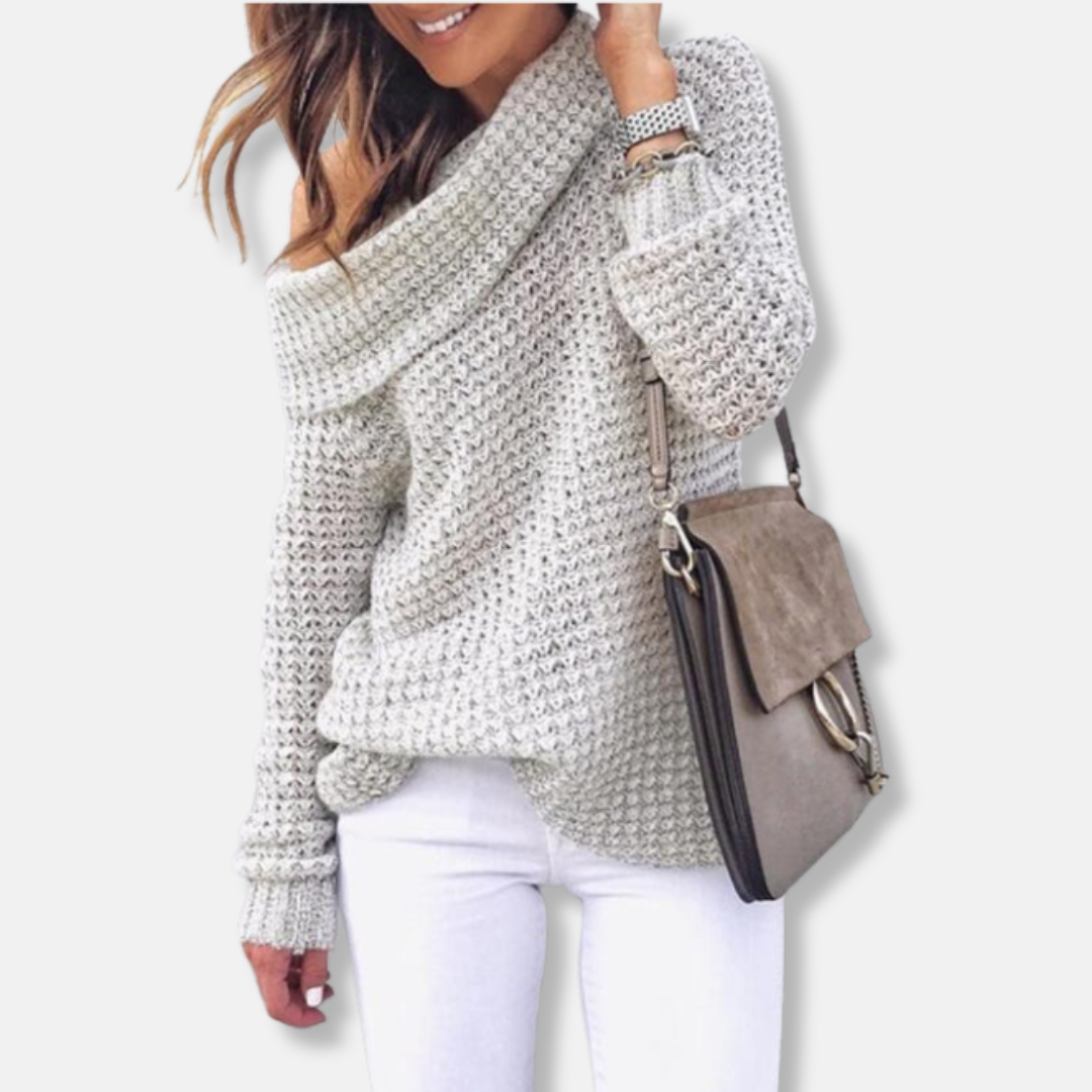 Women's oversized knit sweater off-shoulder draped neckline relaxed chic fit for effortless style