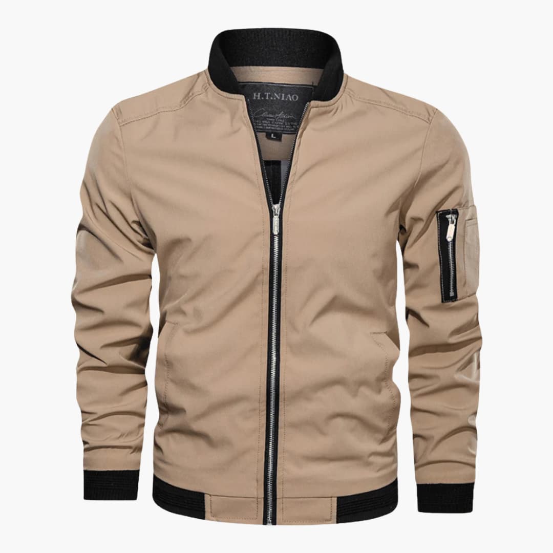 Men's black bomber jacket ribbed collar front zipper arm pocket urban casual style