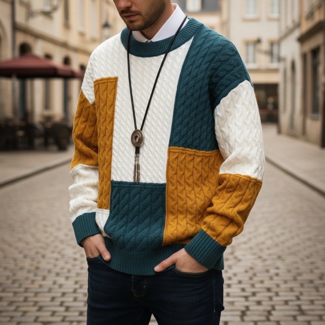 Men's patchwork sweater cozy winter casual colorblock woven panels vibrant neutral tones