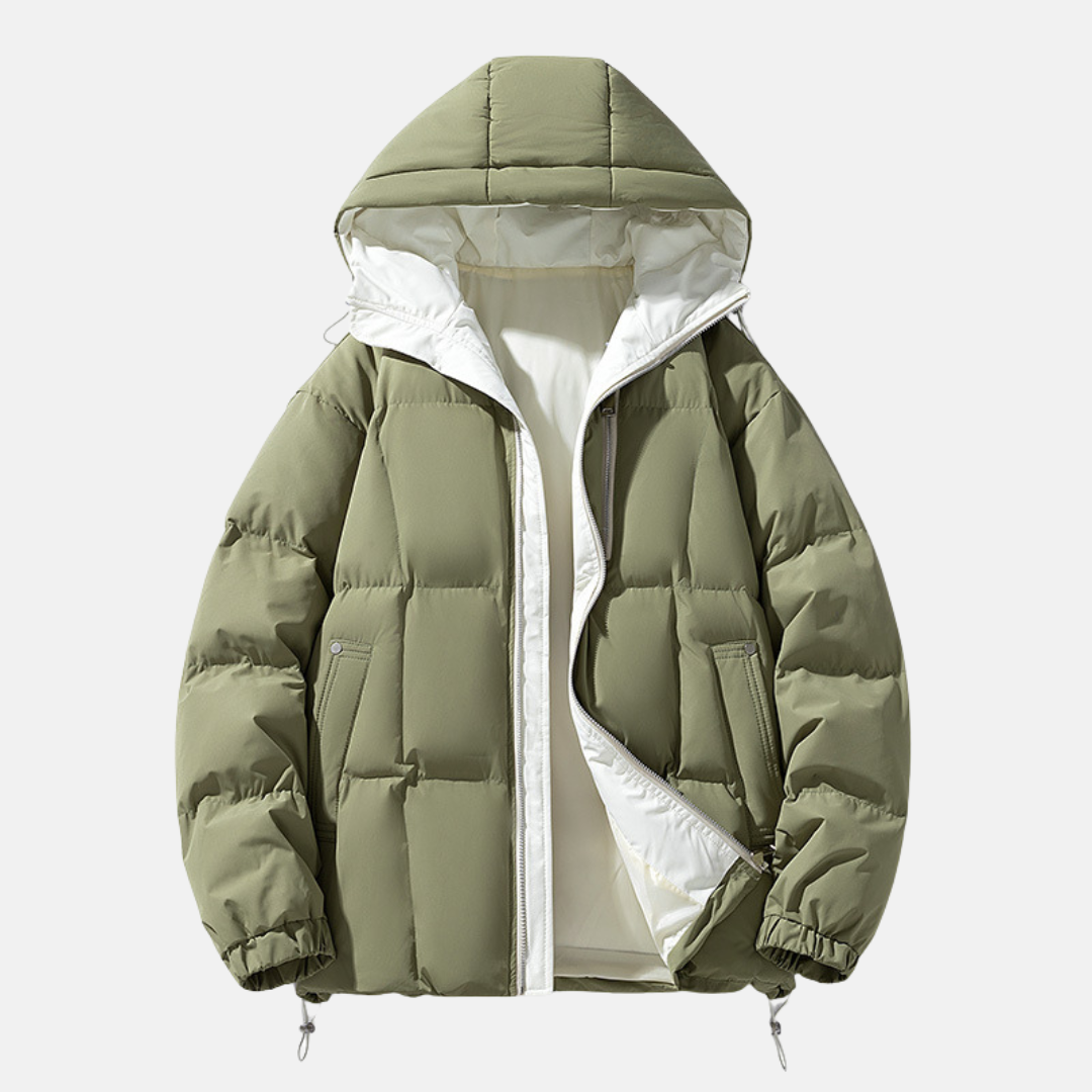 Men's oversized black hooded puffer jacket quilted insulation cold weather winter coat