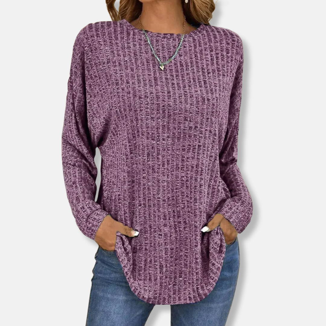 Women's ribbed knit pullover top relaxed fit long sleeve curved hem cozy fall winter sweater