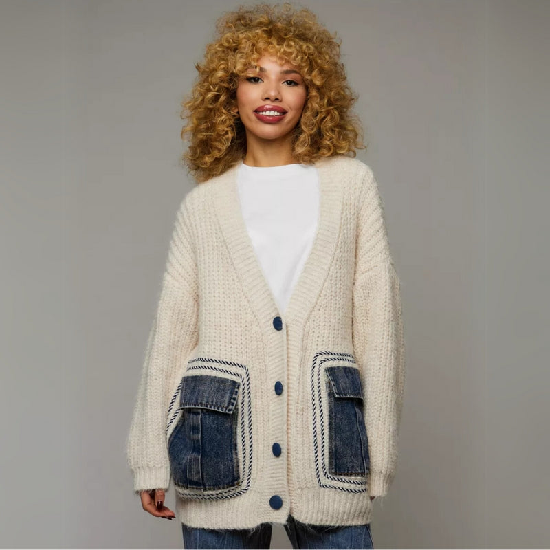 Oversized thick-knit cardigan with rugged denim pockets for cozy urban streetwear layering