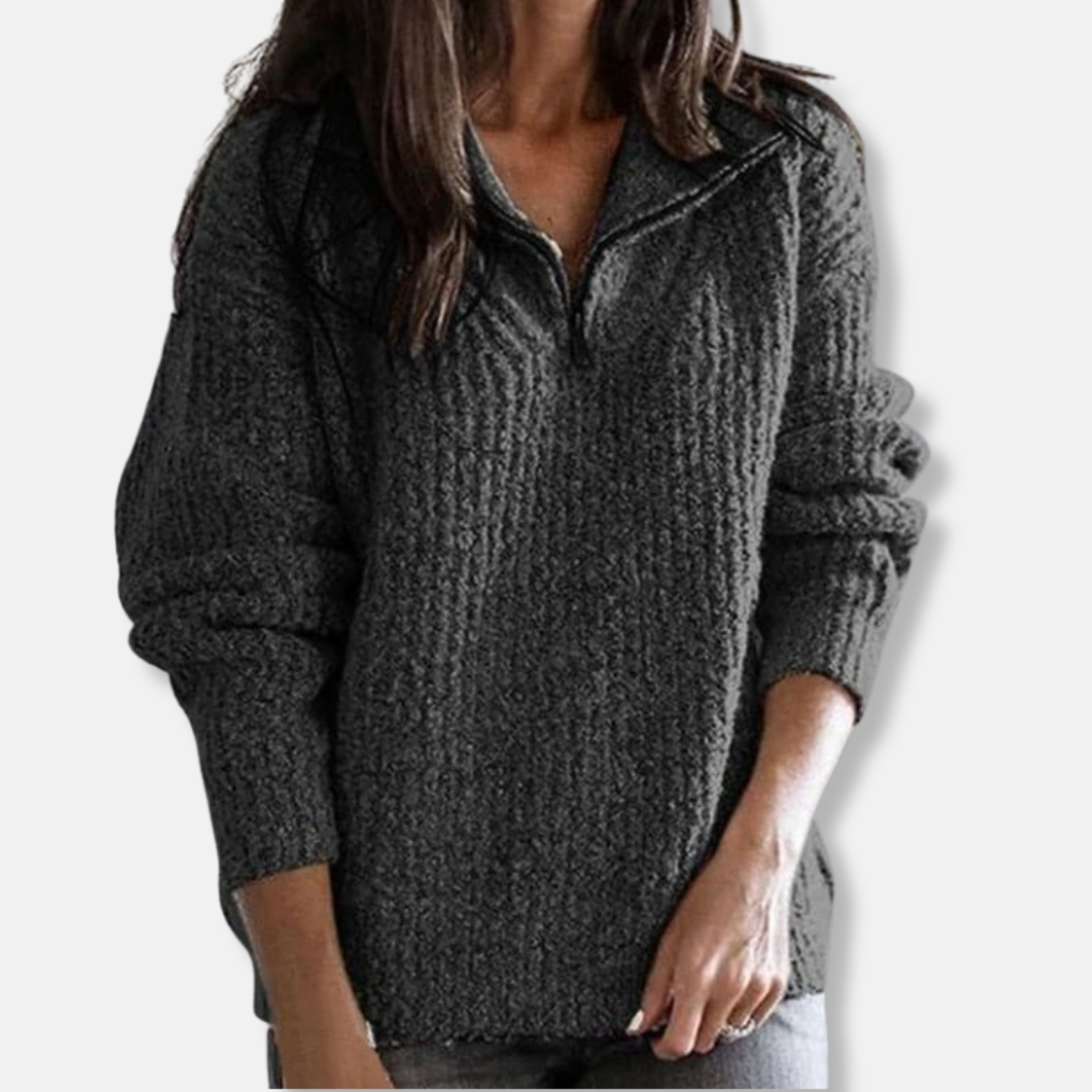 Women's ribbed half-zip collar sweater relaxed fit hip-length chic winter knit