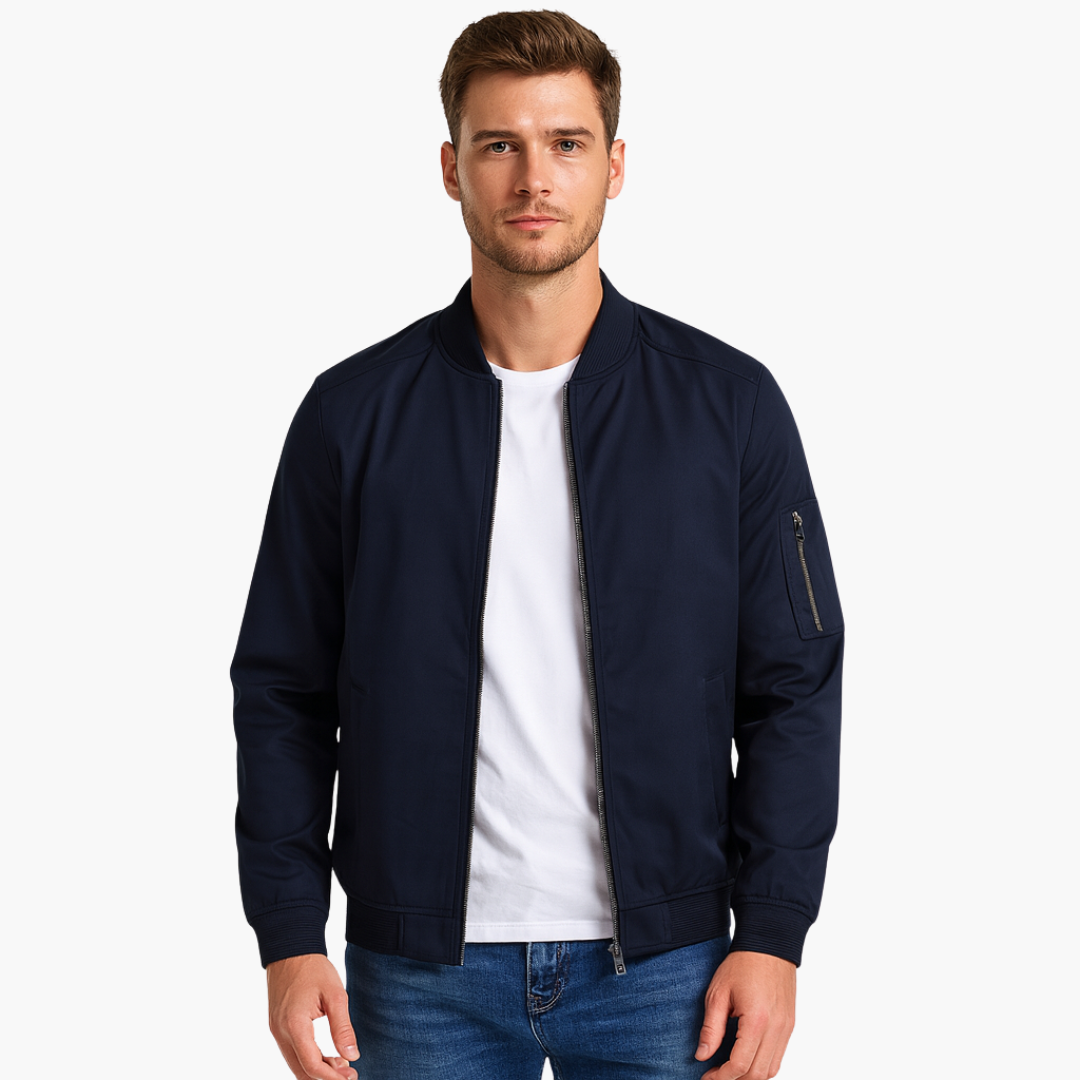 Men's bomber jacket with zipper front, stand-up collar, ribbed hem, and welt pockets for everyday wear