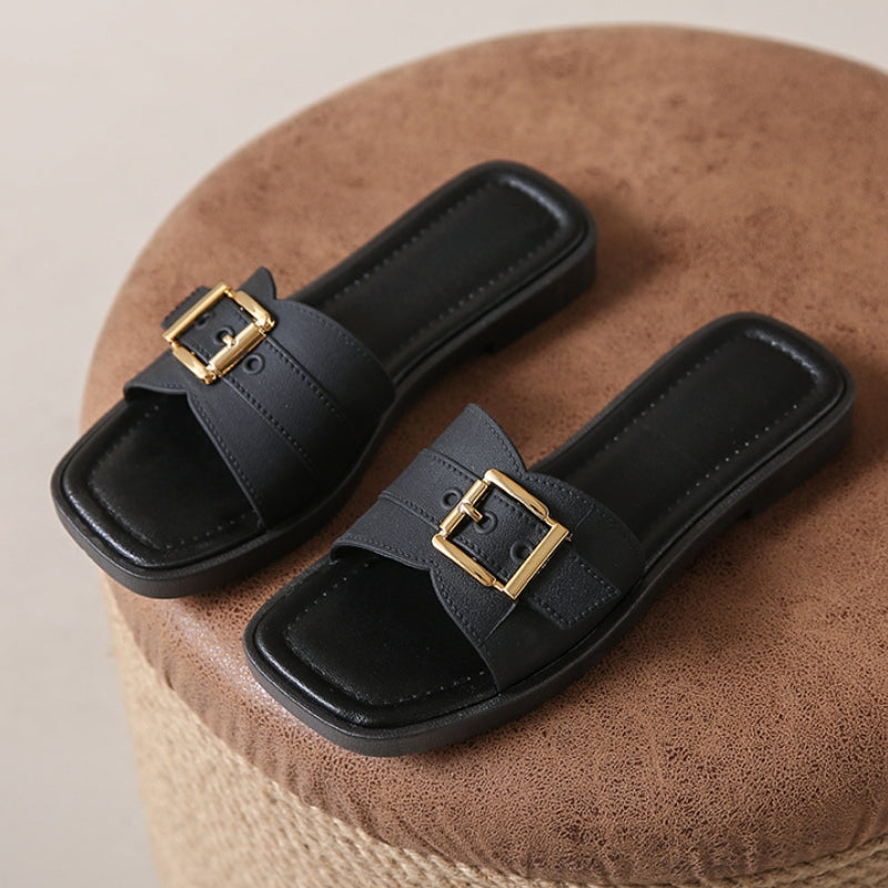 Beige orthopedic sandals square toe cushioned sole curved strap gold-finish hardware daily comfort