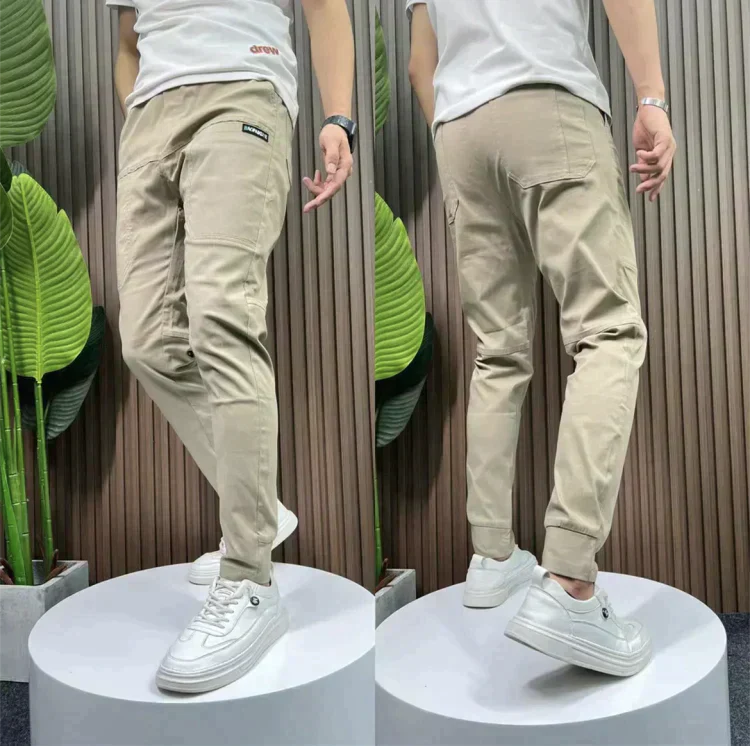 Men's olive green stretch cargo trousers comfort fit with multiple pockets for active outdoor wear
