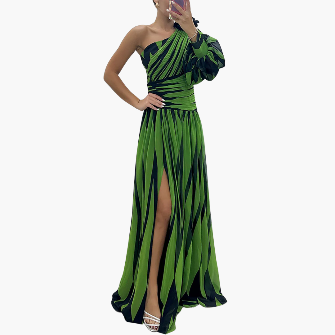 Striped one-shoulder maxi dress with side slit, relaxed-fit elegant gown for weddings and parties