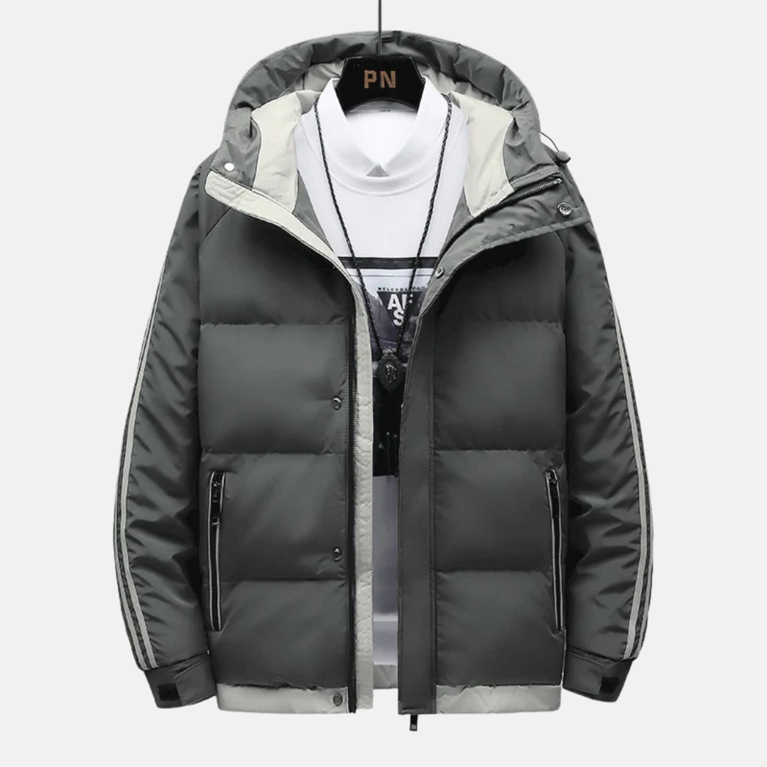 Men's black hip-length puffer jacket woven blend with fixed hood and adjustable cuffs urban style