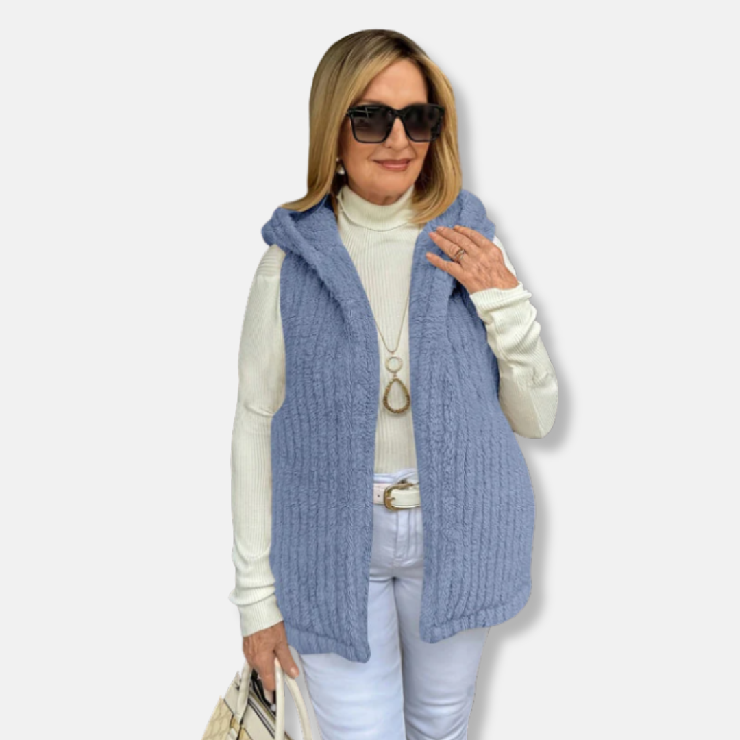 Women's fleece hooded vest relaxed fit hip-length ribbed texture cozy lightweight layering piece