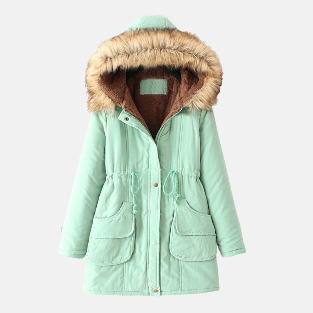 Women's slim-fit parka coat with sherpa lining and faux fur hood, city-ready winter style